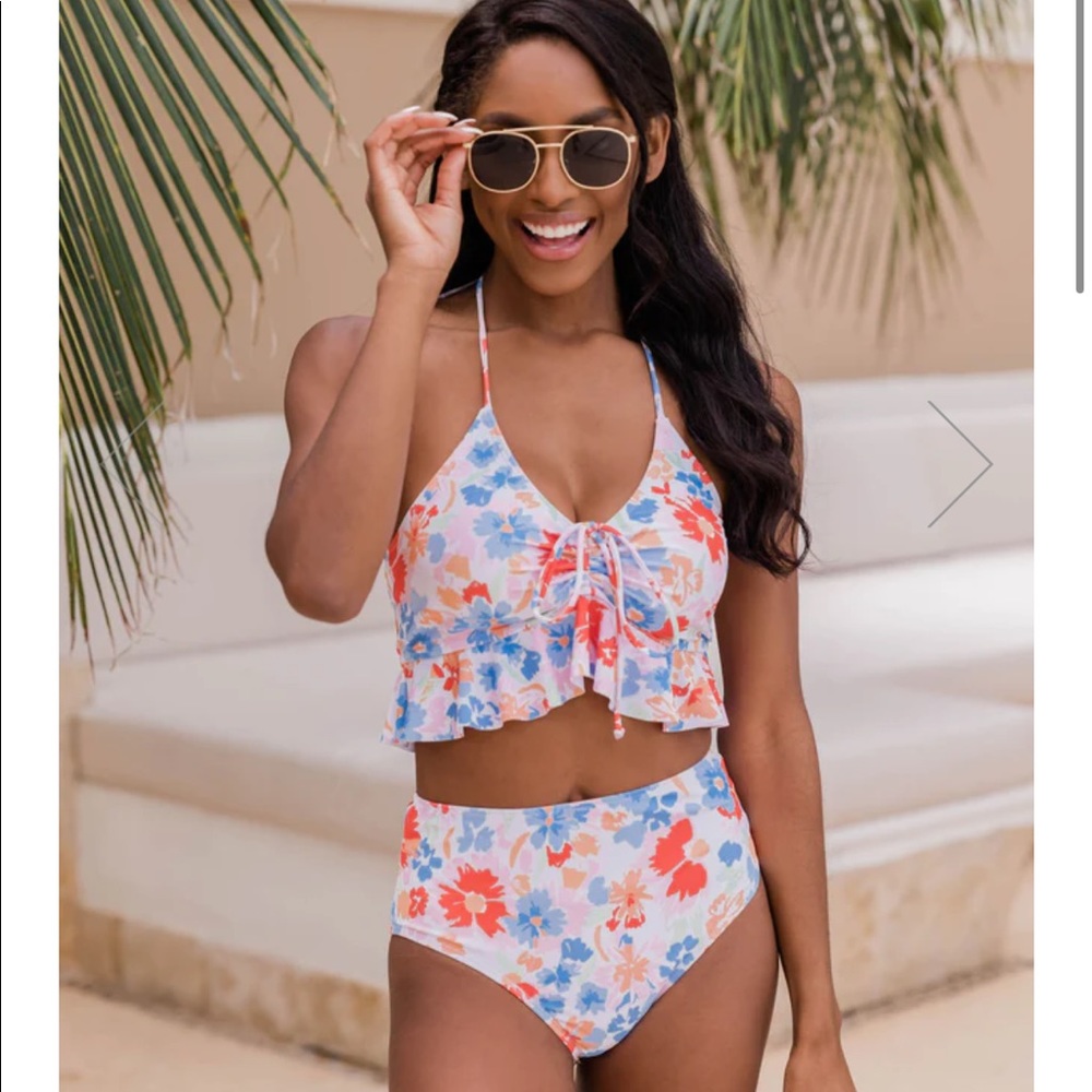Pink Lily Floral Ruffle Tankini and High Wasted bottoms